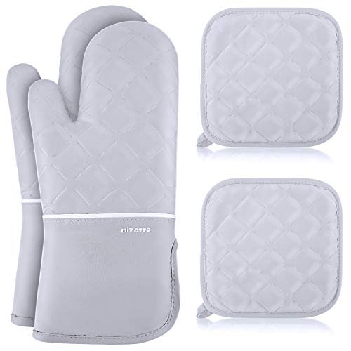 MIZATTO Oven Mitts and Pot Holders 4pcs Set – Kitchen Oven Glove High Heat Resistant 500 Degree Oven Mitts and Potholder with Non-Slip Surface & Cotton Lining for Baking, BBQ, Cooking (Gray)