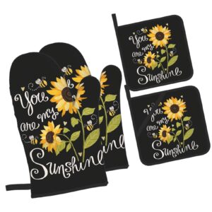 sunflower you are my sunshine 4pcs oven mitts and pot holders sets,heat resistant non slip kitchen gloves hot pads with inner cotton layer for cooking bbq baking grilling