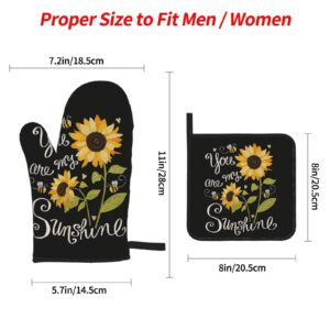 Sunflower You are My Sunshine 4Pcs Oven Mitts and Pot Holders Sets,Heat Resistant Non Slip Kitchen Gloves Hot Pads with Inner Cotton Layer for Cooking BBQ Baking Grilling