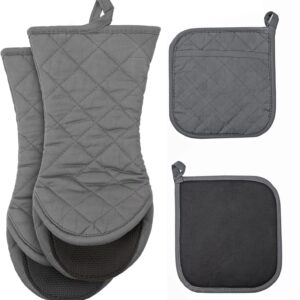 ARCLIBER Oven Mitts and Pot Holders Sets, 4PCS Heat Resistant Oven Mitts and Hot Pads for Kitchen, Non-Slip Oven Mitts and Rubber Pot Holders for Kitchen Cooking, Baking, Grilling, BBQ