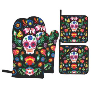 mexican skull skeleton floral oven mitts and pot holders set of 4, oven mittens and potholders heat resistant gloves for kitchen cooking baking grilling bbq