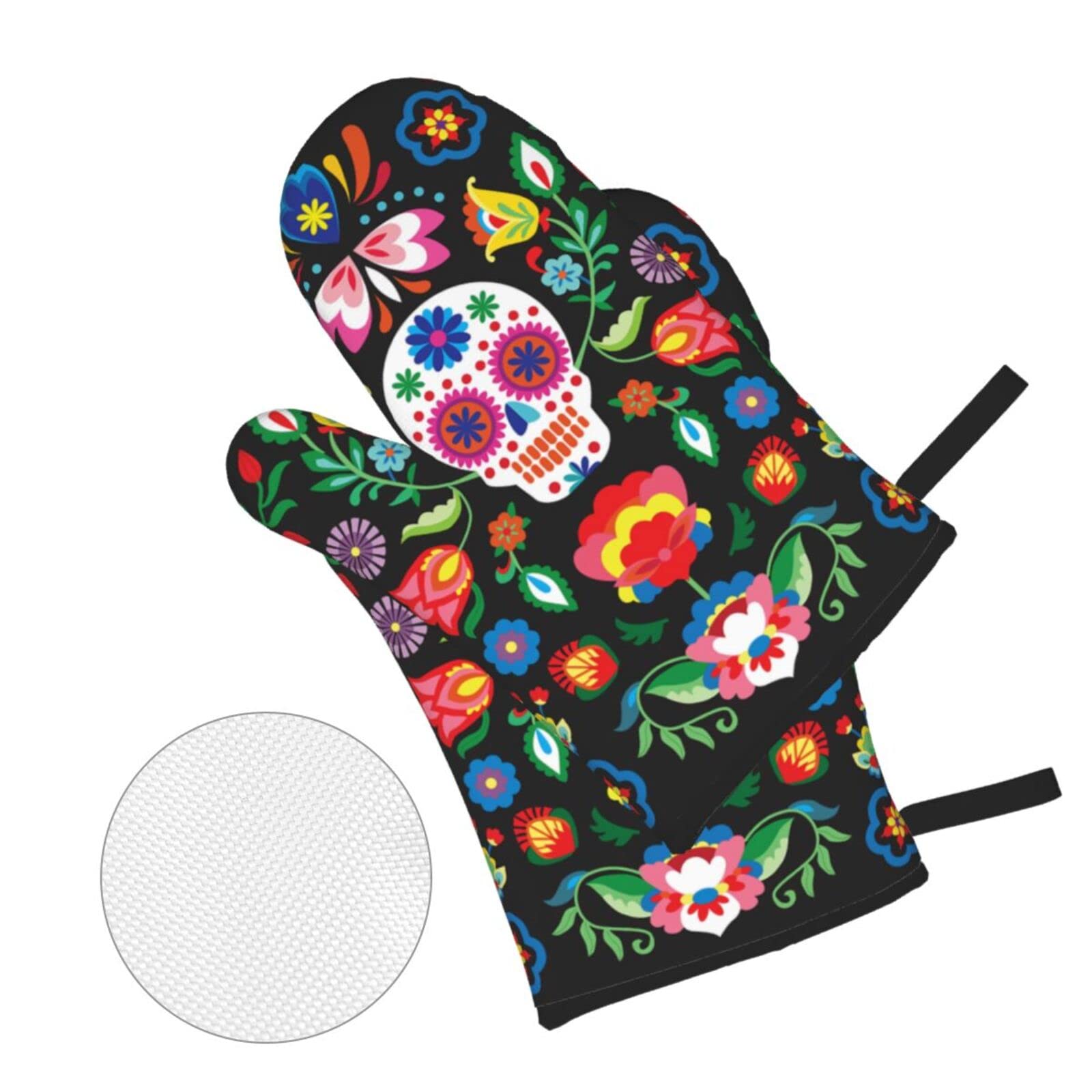 Mexican Skull Skeleton Floral Oven Mitts and Pot Holders Set of 4, Oven Mittens and Potholders Heat Resistant Gloves for Kitchen Cooking Baking Grilling BBQ