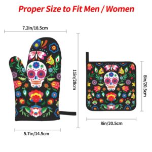 Mexican Skull Skeleton Floral Oven Mitts and Pot Holders Set of 4, Oven Mittens and Potholders Heat Resistant Gloves for Kitchen Cooking Baking Grilling BBQ