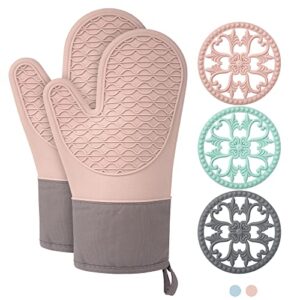 silicone oven mitts heat resistant, oven mitts and pot holders sets, kitchen mittens 5 piece set, oven gloves for cooking,baking,bbq, pink oven mitts, easy clean