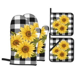 sunflower black white buffalo plaid oven mitts and pot holders sets of 4 high heat resistant yellow floral lumberjack check oven mitts with oven gloves and hot pads non-slip potholders for kitchen bbq