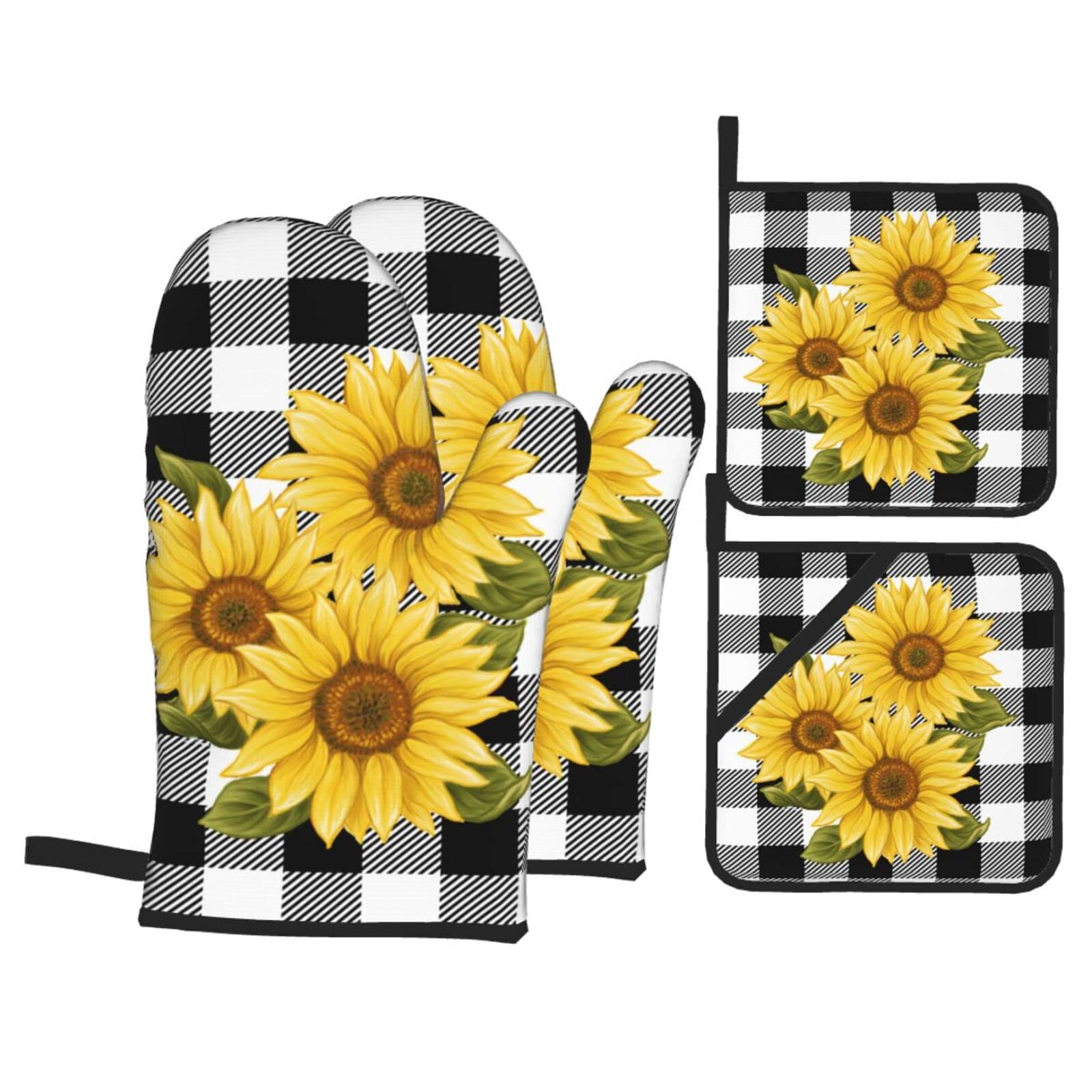 Sunflower Black White Buffalo Plaid Oven Mitts and Pot Holders Sets of 4 High Heat Resistant Yellow Floral Lumberjack Check Oven Mitts with Oven Gloves and Hot Pads Non-Slip Potholders for Kitchen BBQ