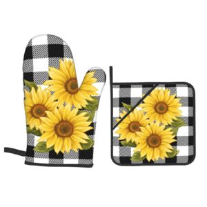 Sunflower Black White Buffalo Plaid Oven Mitts and Pot Holders Sets of 4 High Heat Resistant Yellow Floral Lumberjack Check Oven Mitts with Oven Gloves and Hot Pads Non-Slip Potholders for Kitchen BBQ