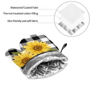 Sunflower Black White Buffalo Plaid Oven Mitts and Pot Holders Sets of 4 High Heat Resistant Yellow Floral Lumberjack Check Oven Mitts with Oven Gloves and Hot Pads Non-Slip Potholders for Kitchen BBQ