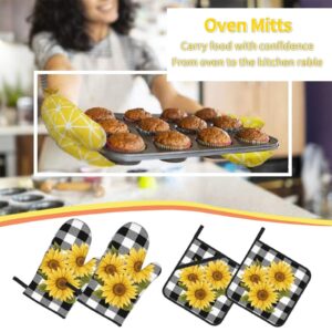 Sunflower Black White Buffalo Plaid Oven Mitts and Pot Holders Sets of 4 High Heat Resistant Yellow Floral Lumberjack Check Oven Mitts with Oven Gloves and Hot Pads Non-Slip Potholders for Kitchen BBQ