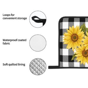 Sunflower Black White Buffalo Plaid Oven Mitts and Pot Holders Sets of 4 High Heat Resistant Yellow Floral Lumberjack Check Oven Mitts with Oven Gloves and Hot Pads Non-Slip Potholders for Kitchen BBQ