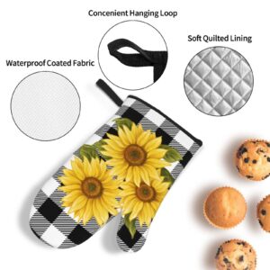 Sunflower Black White Buffalo Plaid Oven Mitts and Pot Holders Sets of 4 High Heat Resistant Yellow Floral Lumberjack Check Oven Mitts with Oven Gloves and Hot Pads Non-Slip Potholders for Kitchen BBQ
