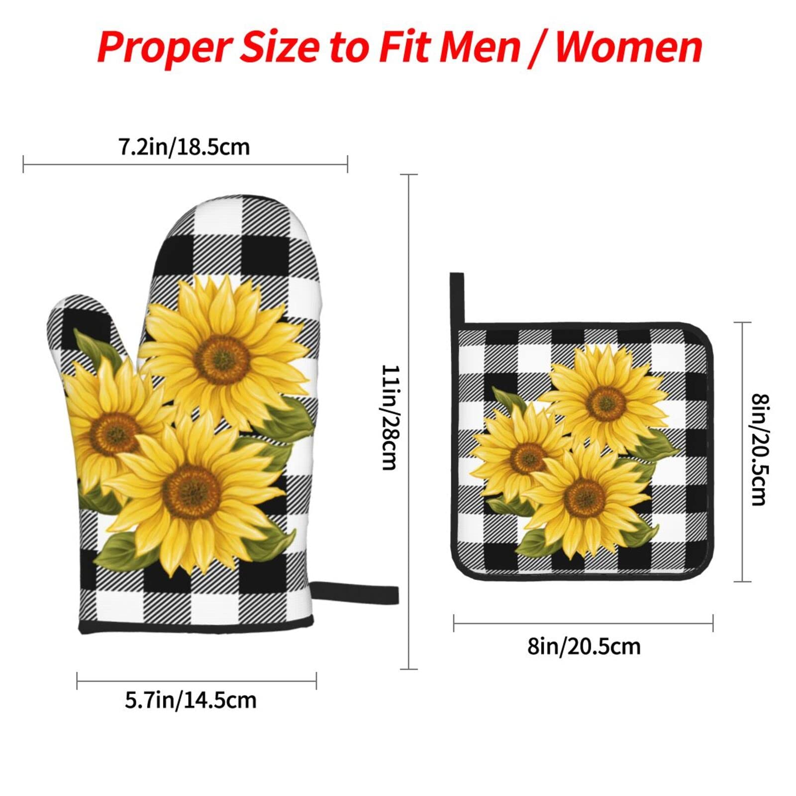 Sunflower Black White Buffalo Plaid Oven Mitts and Pot Holders Sets of 4 High Heat Resistant Yellow Floral Lumberjack Check Oven Mitts with Oven Gloves and Hot Pads Non-Slip Potholders for Kitchen BBQ