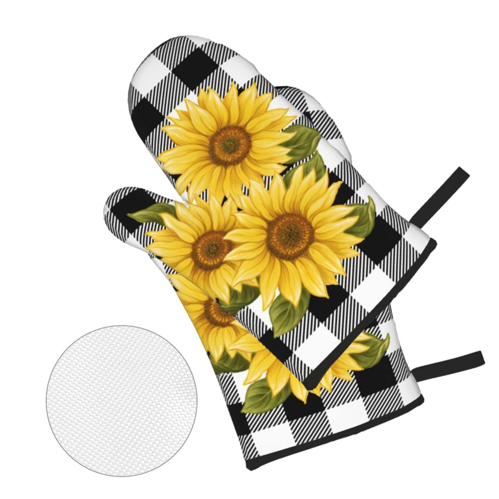 Sunflower Black White Buffalo Plaid Oven Mitts and Pot Holders Sets of 4 High Heat Resistant Yellow Floral Lumberjack Check Oven Mitts with Oven Gloves and Hot Pads Non-Slip Potholders for Kitchen BBQ