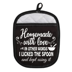 novelty pot holder for cooking baking homemade with lover in other words i licked the spoon and kept using it (kept using it)