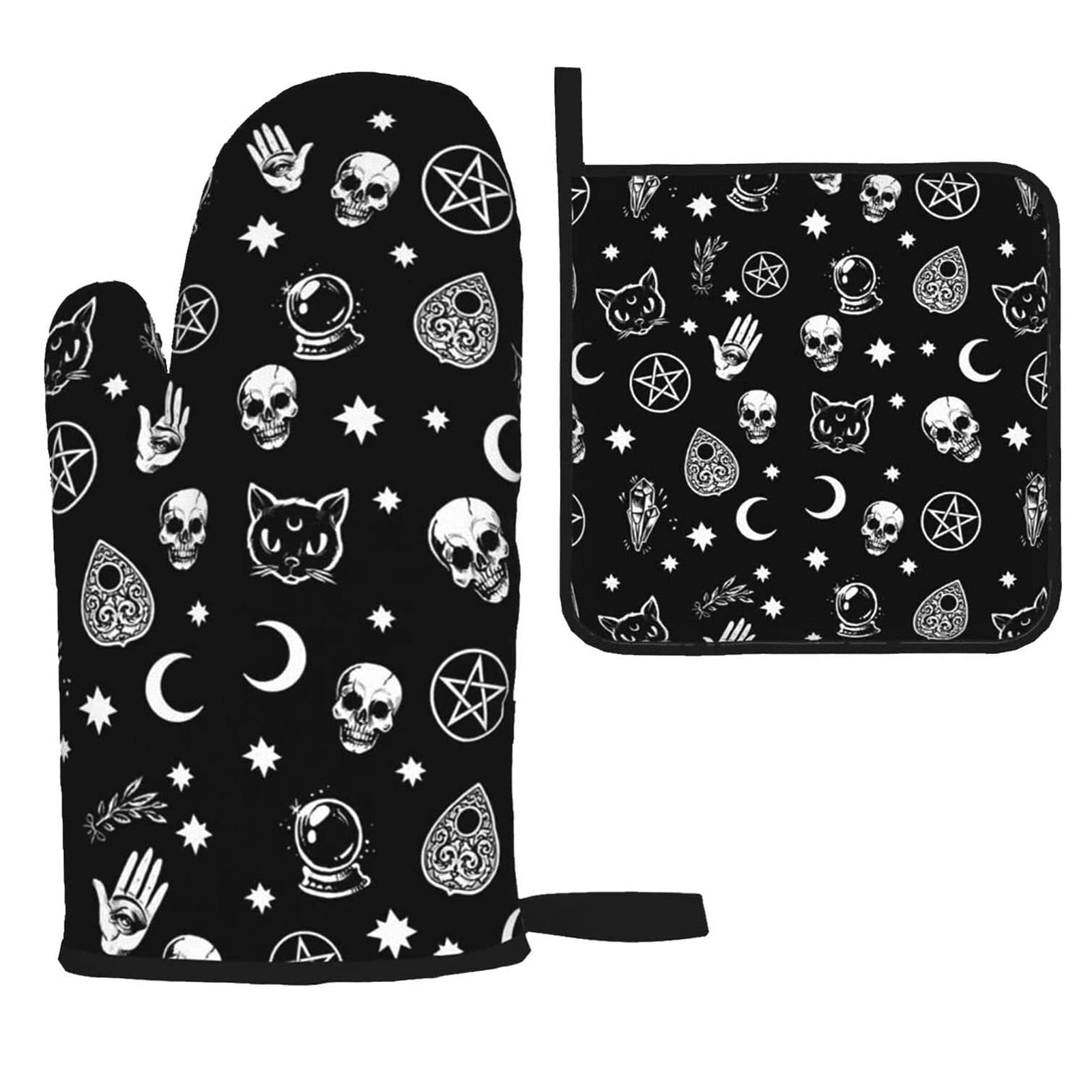 Skull Cat Moon Gothic Oven Mitts and Pot Holders Sets,Heat Resistant Non Slip Kitchen Gloves Hot Pads with Inner Cotton Layer for Cooking BBQ Baking Grilling