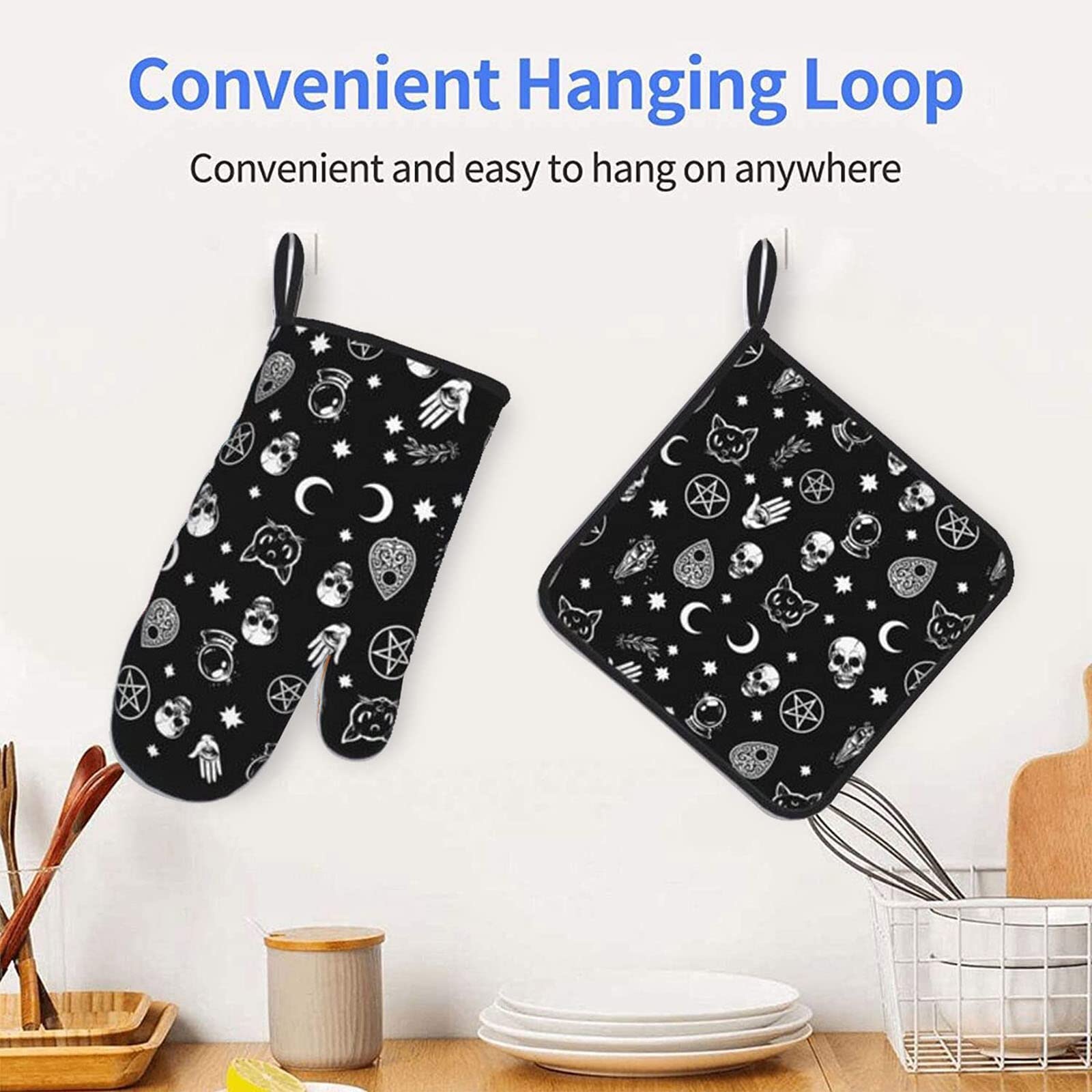 Skull Cat Moon Gothic Oven Mitts and Pot Holders Sets,Heat Resistant Non Slip Kitchen Gloves Hot Pads with Inner Cotton Layer for Cooking BBQ Baking Grilling