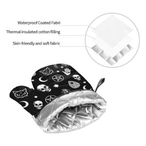 Skull Cat Moon Gothic Oven Mitts and Pot Holders Sets,Heat Resistant Non Slip Kitchen Gloves Hot Pads with Inner Cotton Layer for Cooking BBQ Baking Grilling