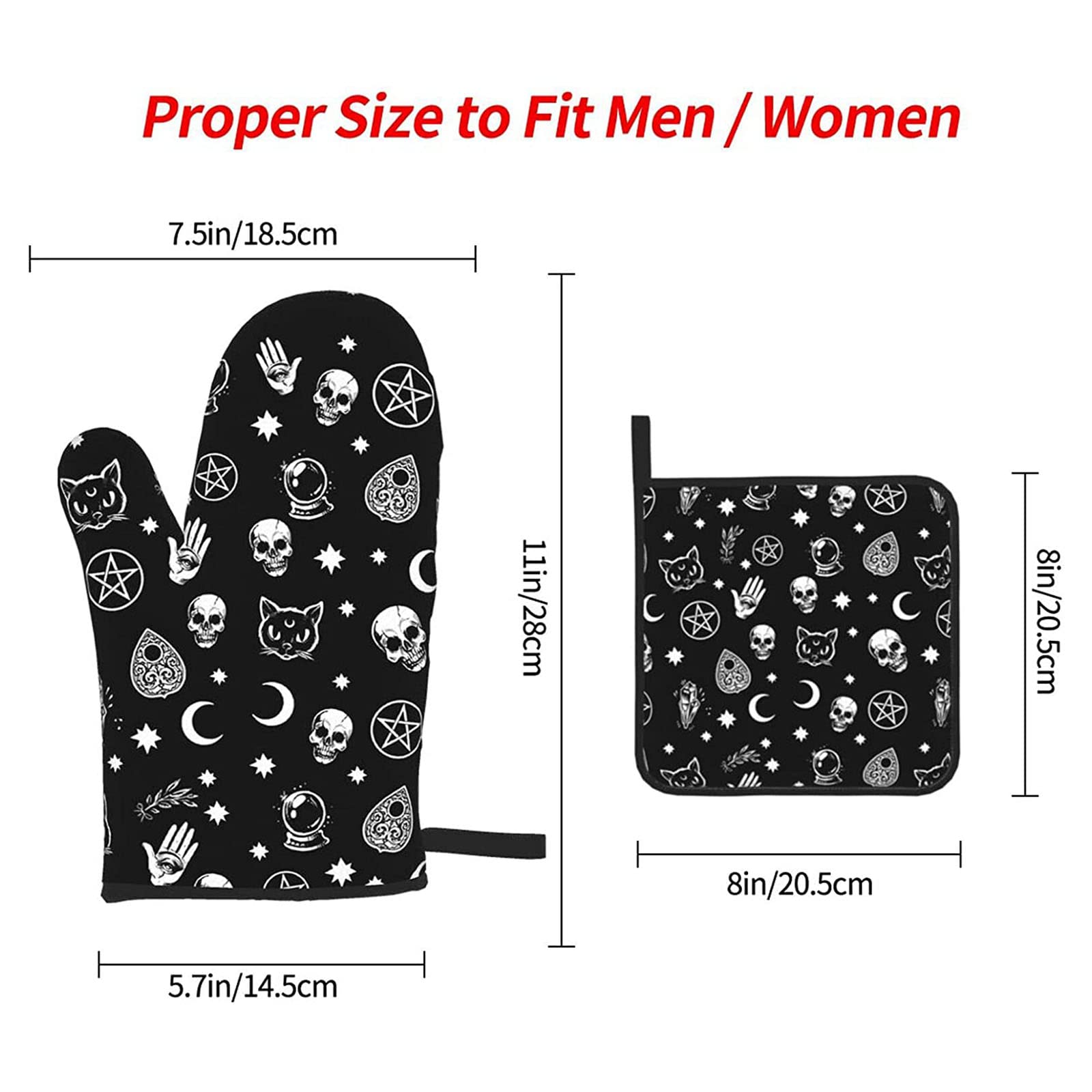 Skull Cat Moon Gothic Oven Mitts and Pot Holders Sets,Heat Resistant Non Slip Kitchen Gloves Hot Pads with Inner Cotton Layer for Cooking BBQ Baking Grilling