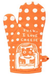 blue q oven mitt, fuck, i love cheese. super-insulated quilting, natural-fitting shape, 100% cotton, orange, 12.5" h x 7.5" w