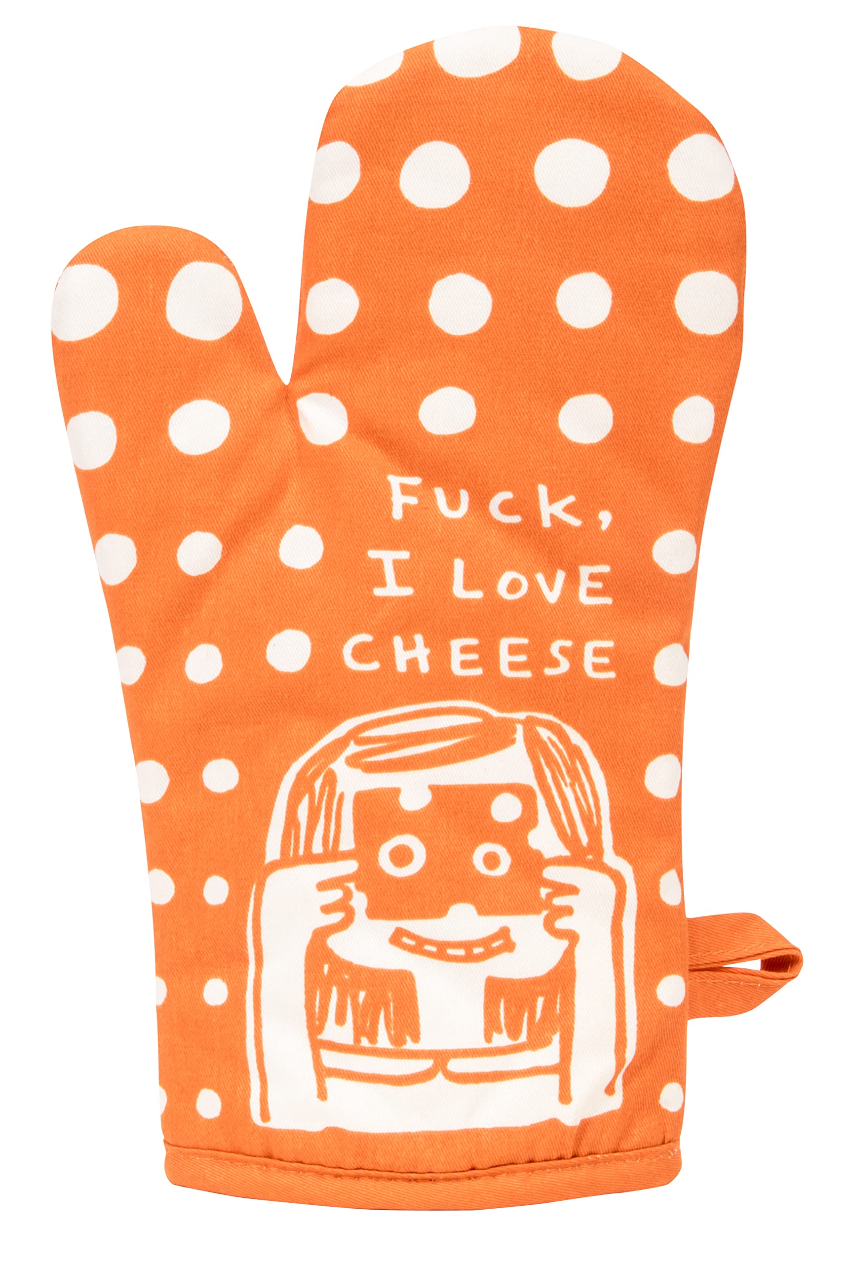 Blue Q Oven Mitt, Fuck, I Love Cheese. Super-Insulated Quilting, Natural-Fitting Shape, 100% Cotton, Orange, 12.5" h x 7.5" w