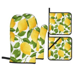bright yellow lemons oven mitts and pot holders sets of 4,resistant hot pads with polyester non-slip bbq gloves for kitchen,cooking,baking,grilling