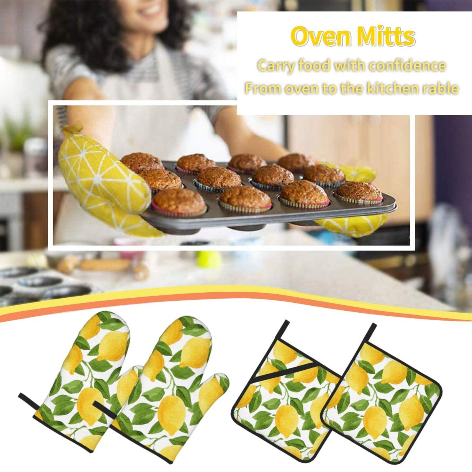 Bright Yellow Lemons Oven Mitts and Pot Holders Sets of 4,Resistant Hot Pads with Polyester Non-Slip BBQ Gloves for Kitchen,Cooking,Baking,Grilling