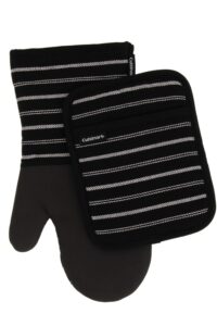 cuisinart neoprene oven mitts and potholder set -heat resistant oven gloves to protect hands and surfaces with non-slip grip, hanging loop-ideal for handling hot cookware items, twill stripe jet black
