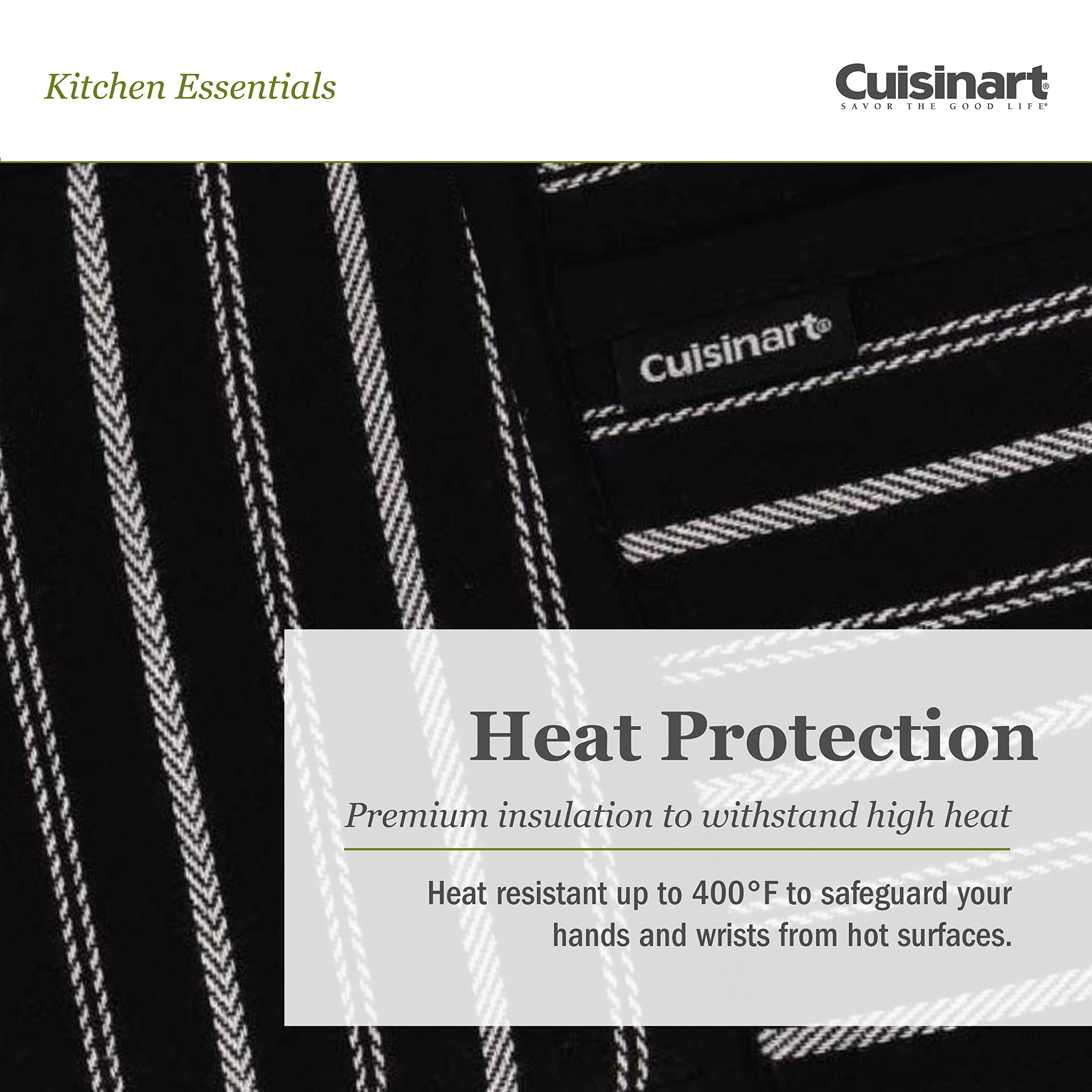Cuisinart Neoprene Oven Mitts and Potholder Set -Heat Resistant Oven Gloves to Protect Hands and Surfaces with Non-Slip Grip, Hanging Loop-Ideal for Handling Hot Cookware Items, Twill Stripe Jet Black