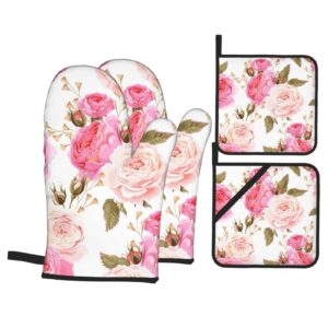 yilequan floral flower rose pink print oven mitts and pot holders sets,kitchen oven glove high heat resistant 500 degree oven mitts and potholder,surface safe for baking, cooking, bbq,pack of 4