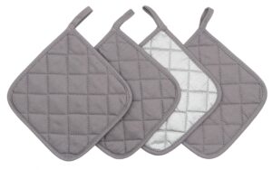 cotton heat resistant pot holders, everyday kitchen basic square solid color pot holder, multipurpose quilted hot pads for cooking and baking set of 4 (grey)