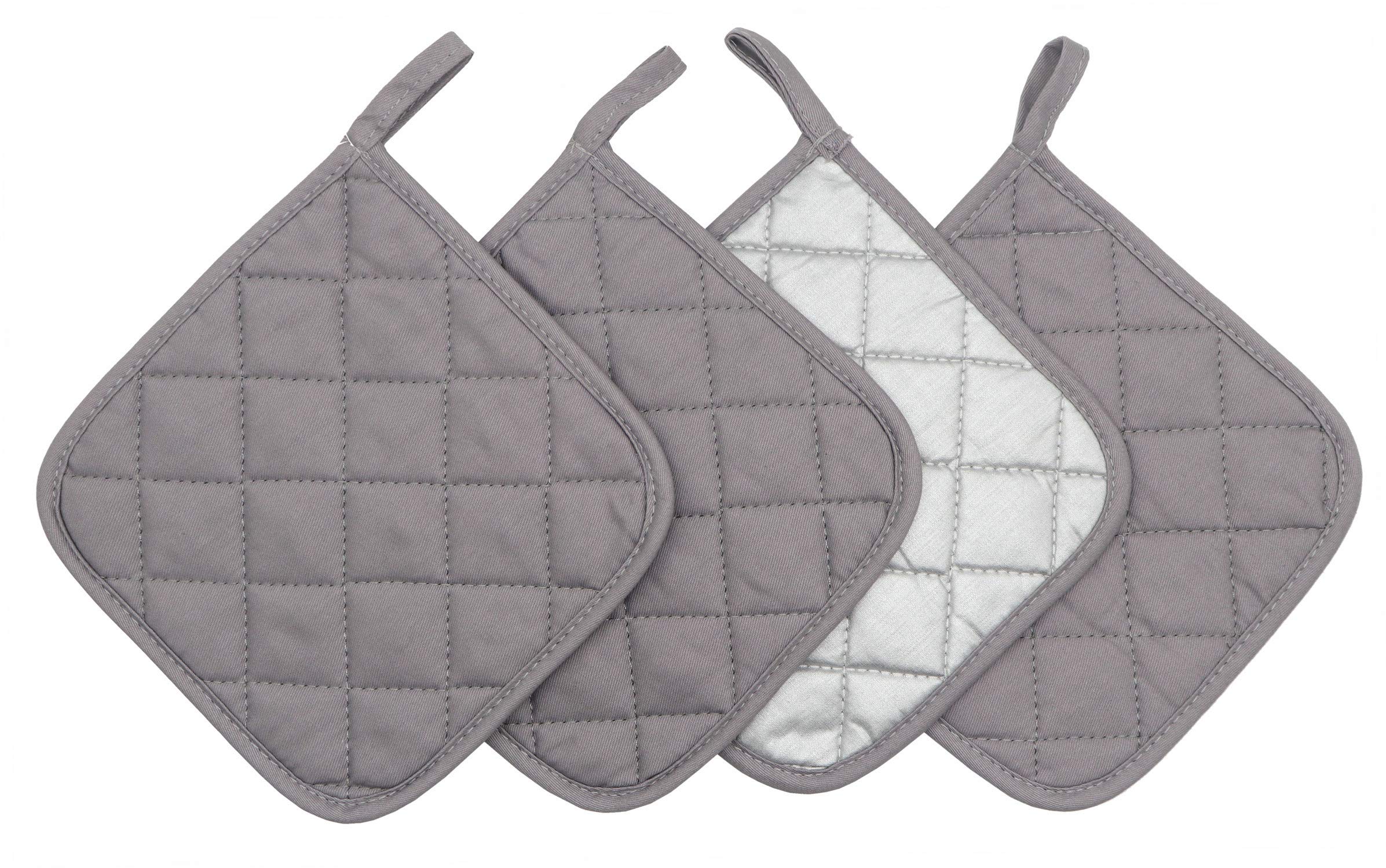 Cotton Heat Resistant Pot Holders, Everyday Kitchen Basic Square Solid Color Pot Holder, Multipurpose Quilted Hot Pads for Cooking and Baking Set of 4 (Grey)