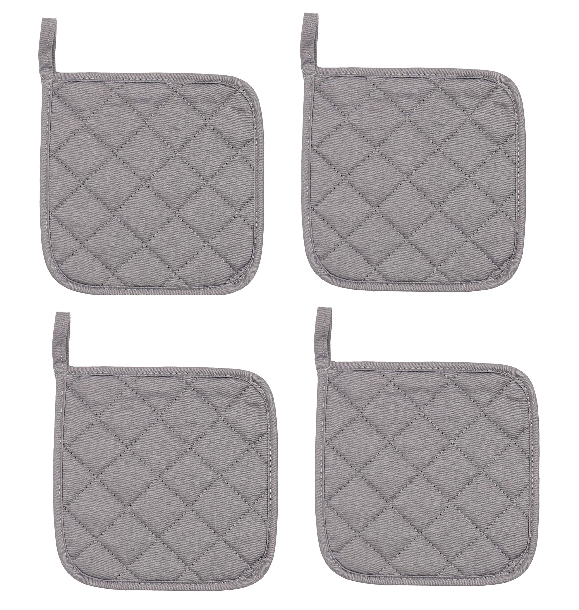 Cotton Heat Resistant Pot Holders, Everyday Kitchen Basic Square Solid Color Pot Holder, Multipurpose Quilted Hot Pads for Cooking and Baking Set of 4 (Grey)