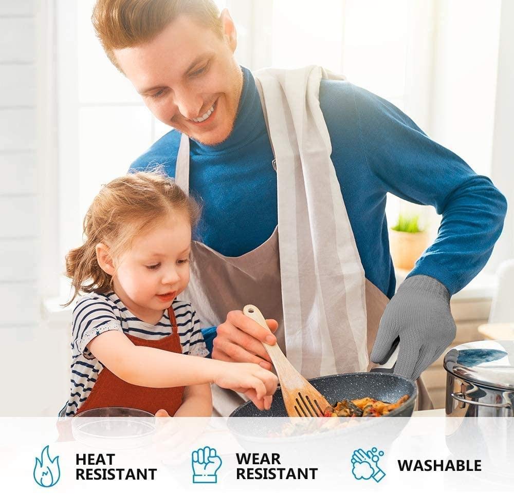 1 Pair Grey Heat Resistant Gloves Oven Gloves Heat Resistant with Fingers Oven Mitts Kitchen Pot Holders Cotton Gloves Kitchen Gloves Double Oven Mitt Set Oven Gloves with Fingers