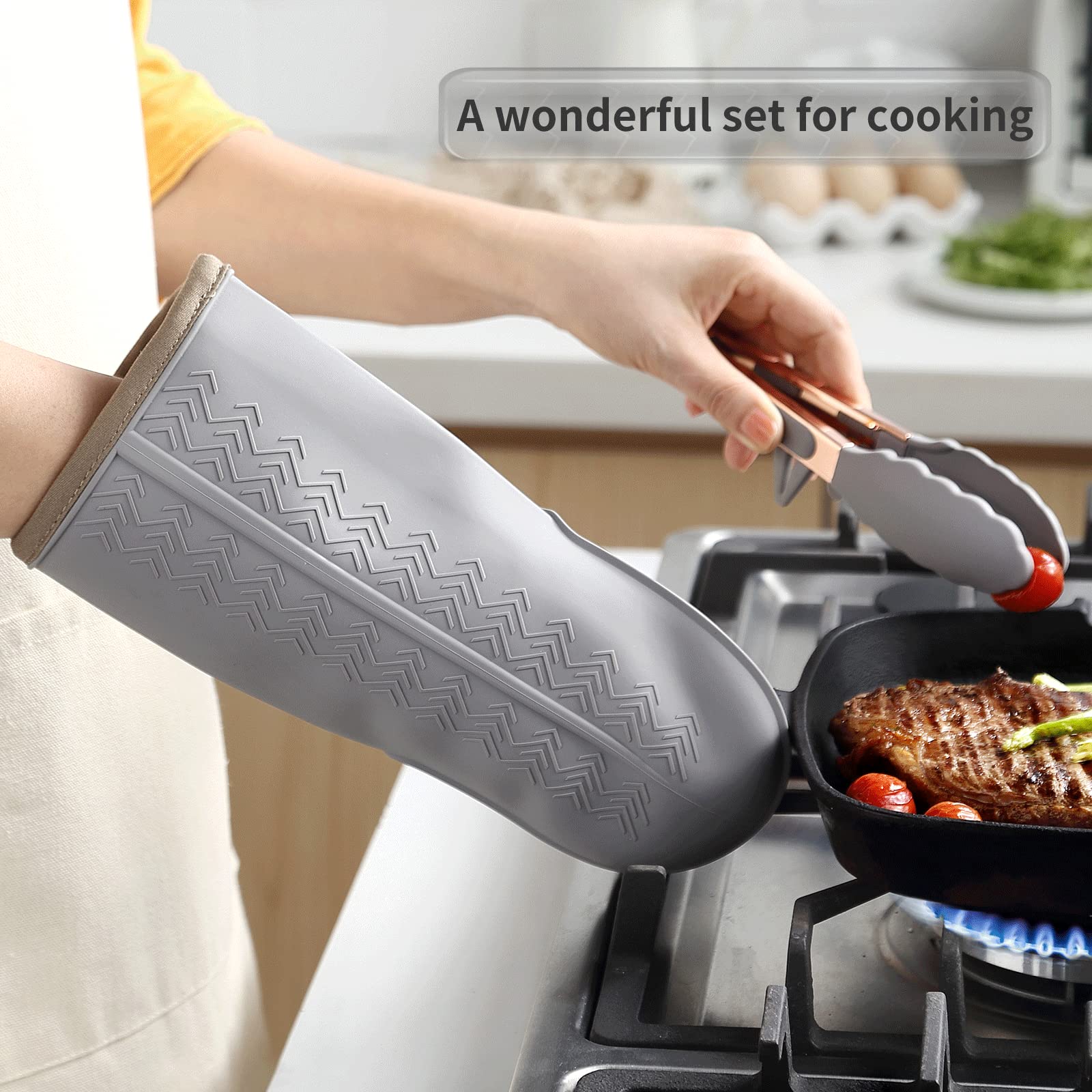 Pazash Oven Mitts Set, Heat Resistant 600F Silicone Oven Mitts, Soft Lining Good Grip Oven Mitt Set, Waterproof Mitt Potholders, Oven Gloves and Food Tong Sets,for Grilling, Baking, Cooking