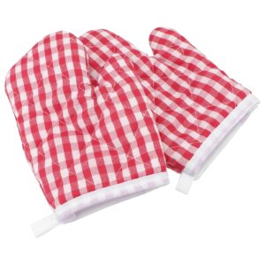 doitool 2pcs kids oven mitts for children play kitchen, microwave oven gloves kitchen baking mitts, red checkered heat resistant kitchen mitts for safe backing cooking bbq ( red checkered )