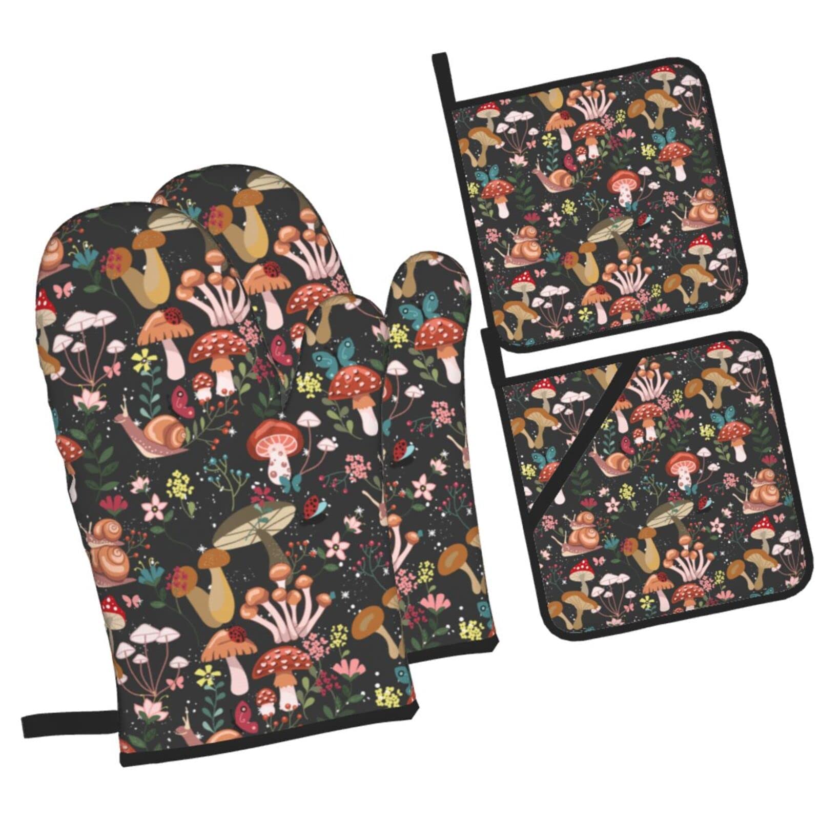 Mushrooms Snails Butterflies Oven Mitts and Potholders Professional Heat Resistant Cotton Oven Mitts Kitchen Gloves 4 Piece Set