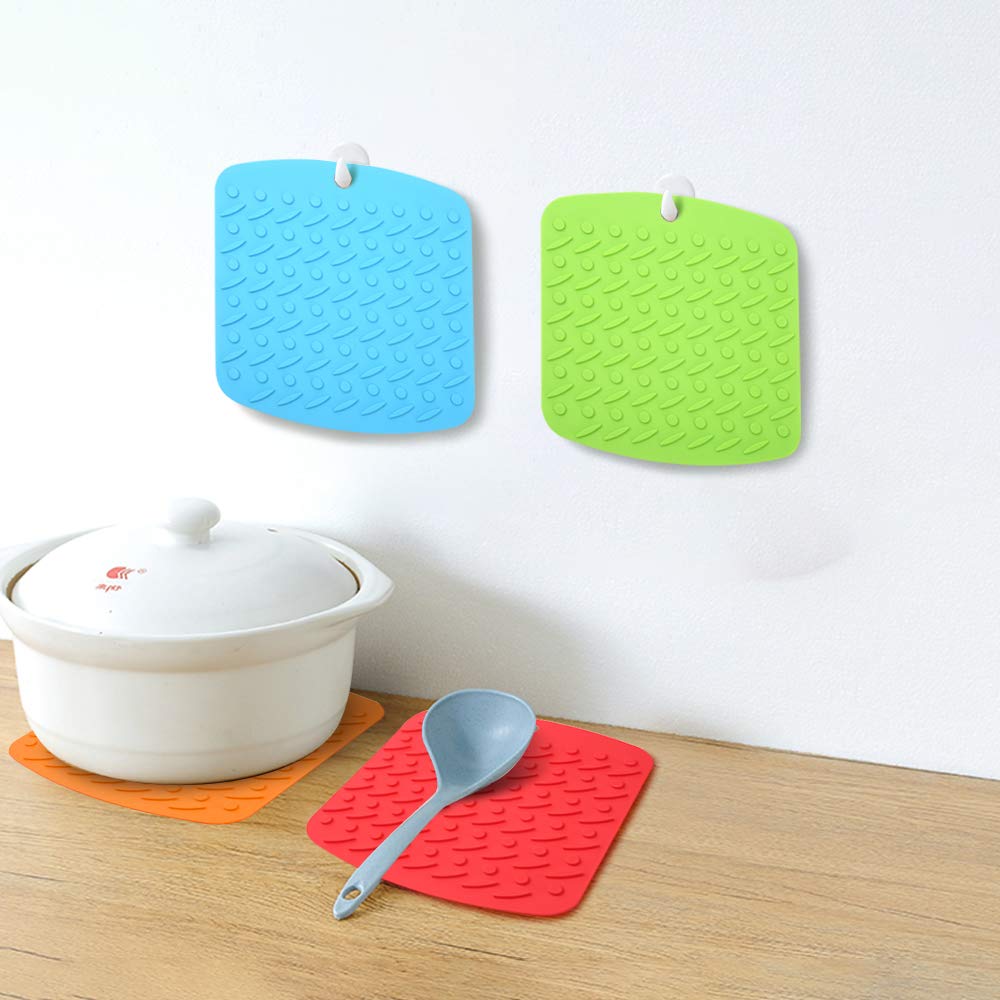 Aibrisk Silicone Trivet Mat Hot Pot Holders Hot Pads for Kitchen Non-Slip Heat Resistant Jar Opener Spoon Rest Garlic Peeler Potholders 4 Pack 7''x7" Modern Kitchen Tool