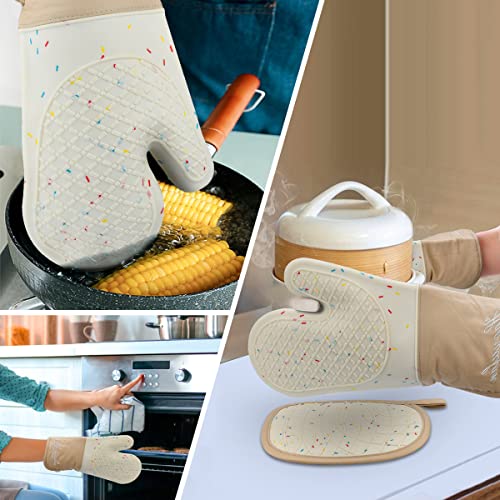 HaoYuFan Silicone Oven Mitts and Pot Holders Sets, Double Layer High Temperature Resistant Hot Pads and Oven Mitts, Cotton Lined Pot Holders and Oven Mitts Sets for Cooking, Grilling etc, Beige 3 Pcs