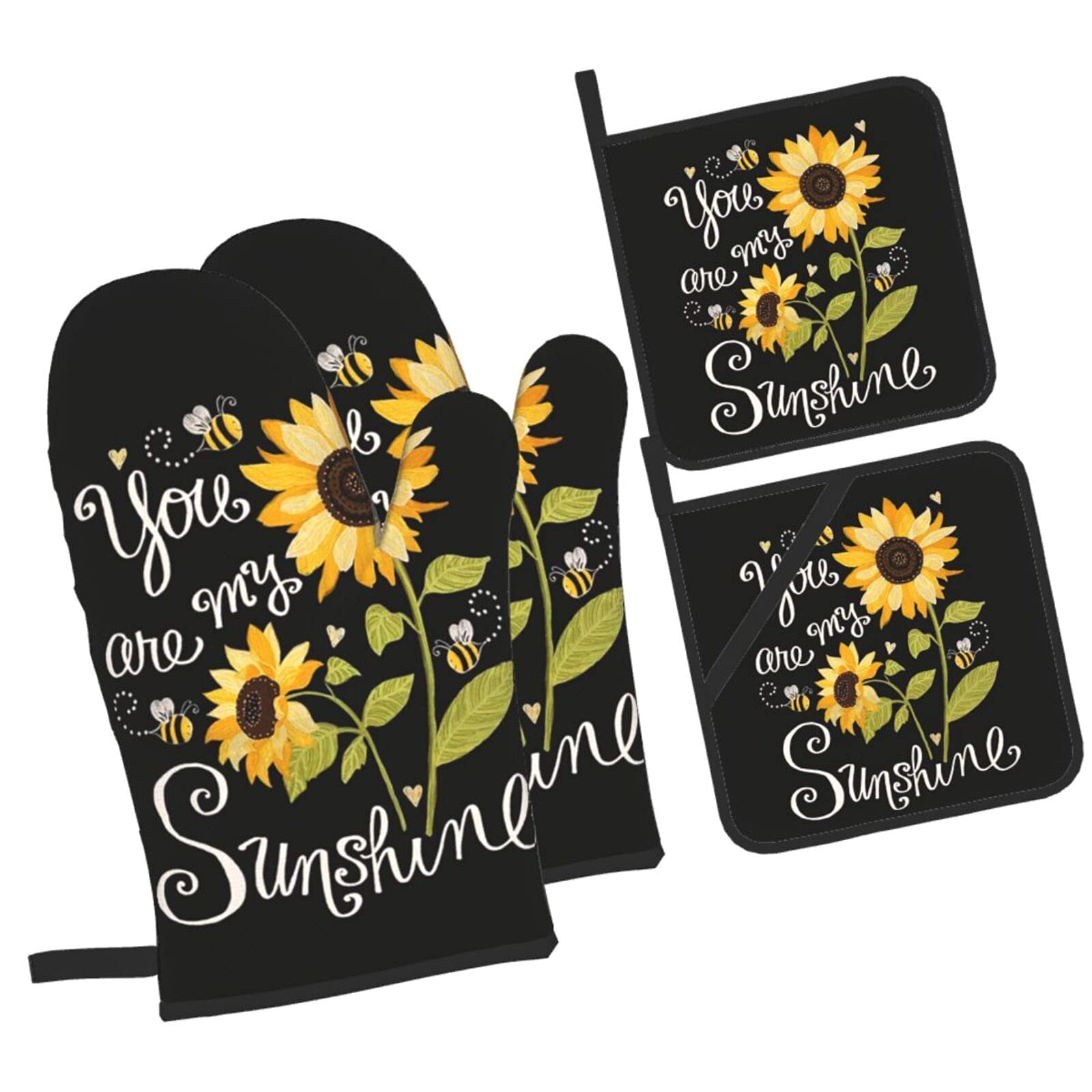 Sunflower 4pcs Oven Mitts and Pot Holders Sets,You are My Sunshine Heat Resistant Kitchen Oven Glove Potholder Hot Pads for Cooking BBQ Baking Grilling