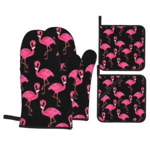 yilequan lovely pink flamingos print oven mitts and pot holders sets,kitchen oven glove high heat resistant 500 degree oven mitts and potholder,surface safe for baking, cooking, bbq,pack of 4