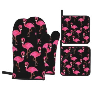 YILEQUAN Lovely Pink Flamingos Print Oven Mitts and Pot Holders Sets,Kitchen Oven Glove High Heat Resistant 500 Degree Oven Mitts and Potholder,Surface Safe for Baking, Cooking, BBQ,Pack of 4