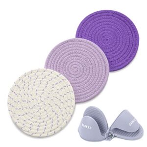 lavender potholders set trivet set - lavender kitchen accessories - 100% cotton hot pads 7 inches diameter - silicone mitts for hot pots and pans - ideal for cooking and baking