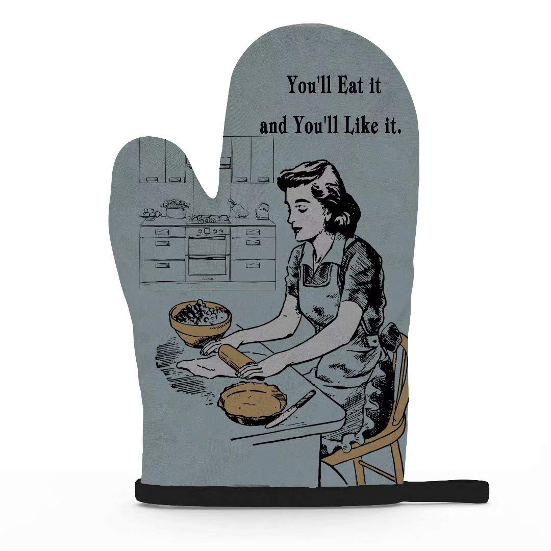 AAROENLYS, Oven Mitt Funny You'll Eat it and You'll Like it. 100 Cotton Kitchen Oven Glove Heat Resistant 480 Degree, Non-Slip Textured Grip for Baking Cooking BBQ, Blue, 11 x 7INCH