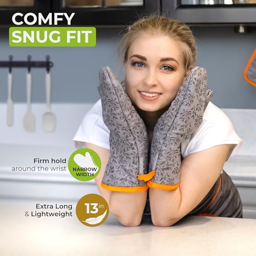 Premium Heat-Resistant Oven Mitts - Stylish and Beautiful - Non-Slip Platinum Silicone Grip - Long and Thick - 100% Natural Cotton Exterior and Soft Terry Cloth Lining - Set of 2 by Cook'n'Chic