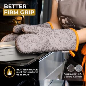 Premium Heat-Resistant Oven Mitts - Stylish and Beautiful - Non-Slip Platinum Silicone Grip - Long and Thick - 100% Natural Cotton Exterior and Soft Terry Cloth Lining - Set of 2 by Cook'n'Chic