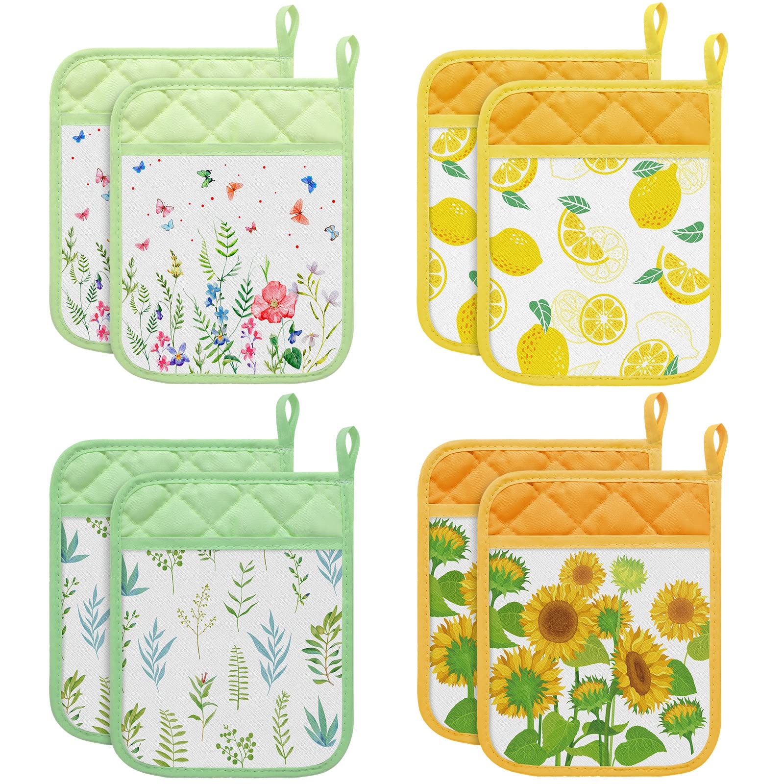 8 Pieces Pot Holders for Kitchen Heat Resistant Designer Pot Holders Hot Pads Pot Holders Lemon Flowers Pot Holders with Pockets and Loops Sunflower Pot Holders Oven Mitts for Baking Restaurant