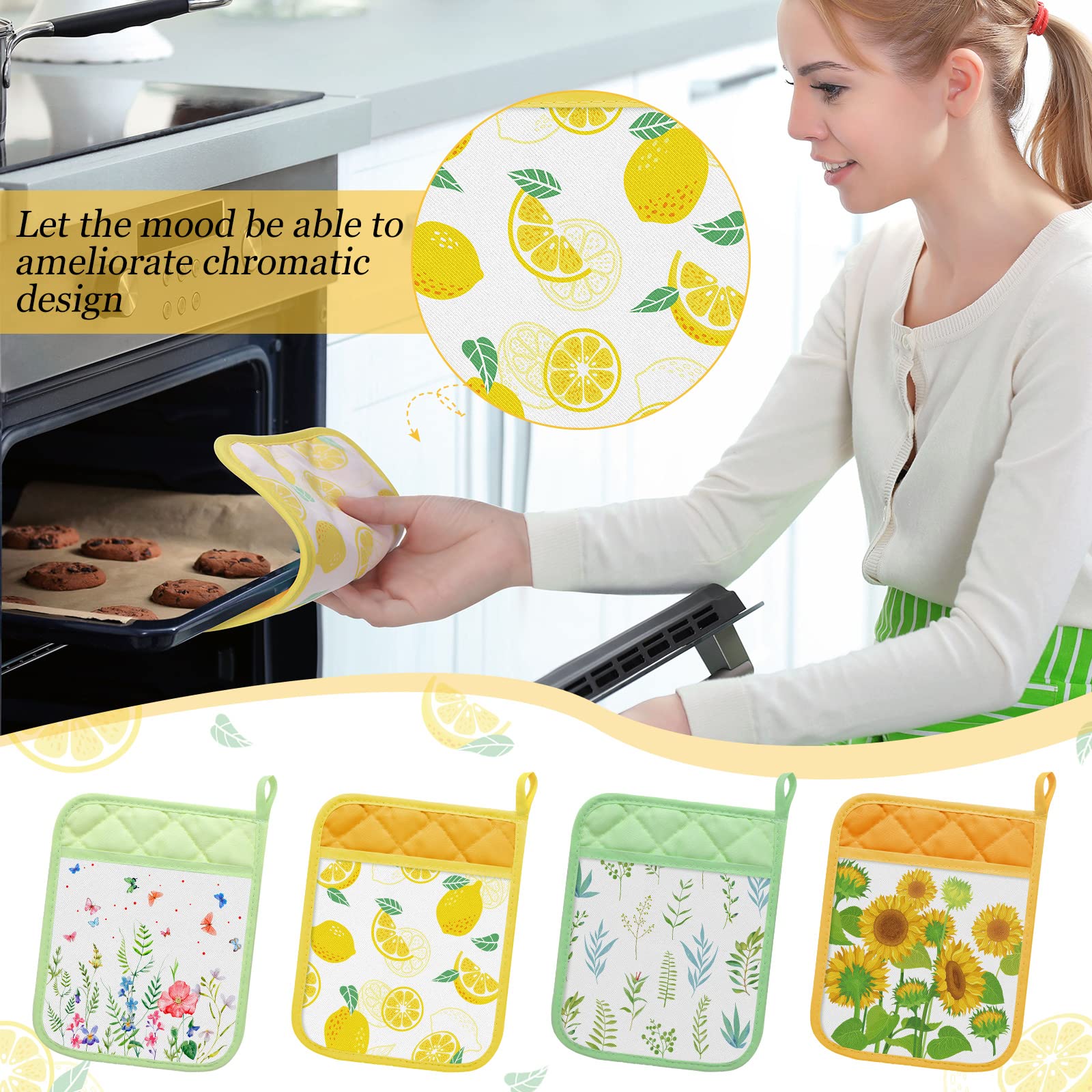 8 Pieces Pot Holders for Kitchen Heat Resistant Designer Pot Holders Hot Pads Pot Holders Lemon Flowers Pot Holders with Pockets and Loops Sunflower Pot Holders Oven Mitts for Baking Restaurant