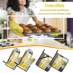 Oven Mitts and Pot Holders Sets of 4 Gray Yellow Modern Art Abstract Kitchen Potholder Gloves Heat Resistant Non-Slip for Chef Baking Cooking Grilling BBQ Mittens