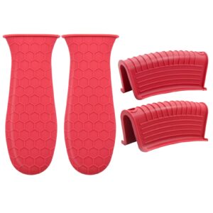 cast iron skillet handle covers silicone hot handle holder，4 pieces pan handle sleeve pot holders cover,non slip rubber pot holders for cast iron skillet metal pan (red)