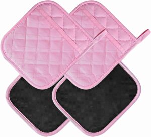 arcliber pink pot holders,4pcs heat resistant hot pads,non-slip rubber surface design,cotton infill kitchen potholders set